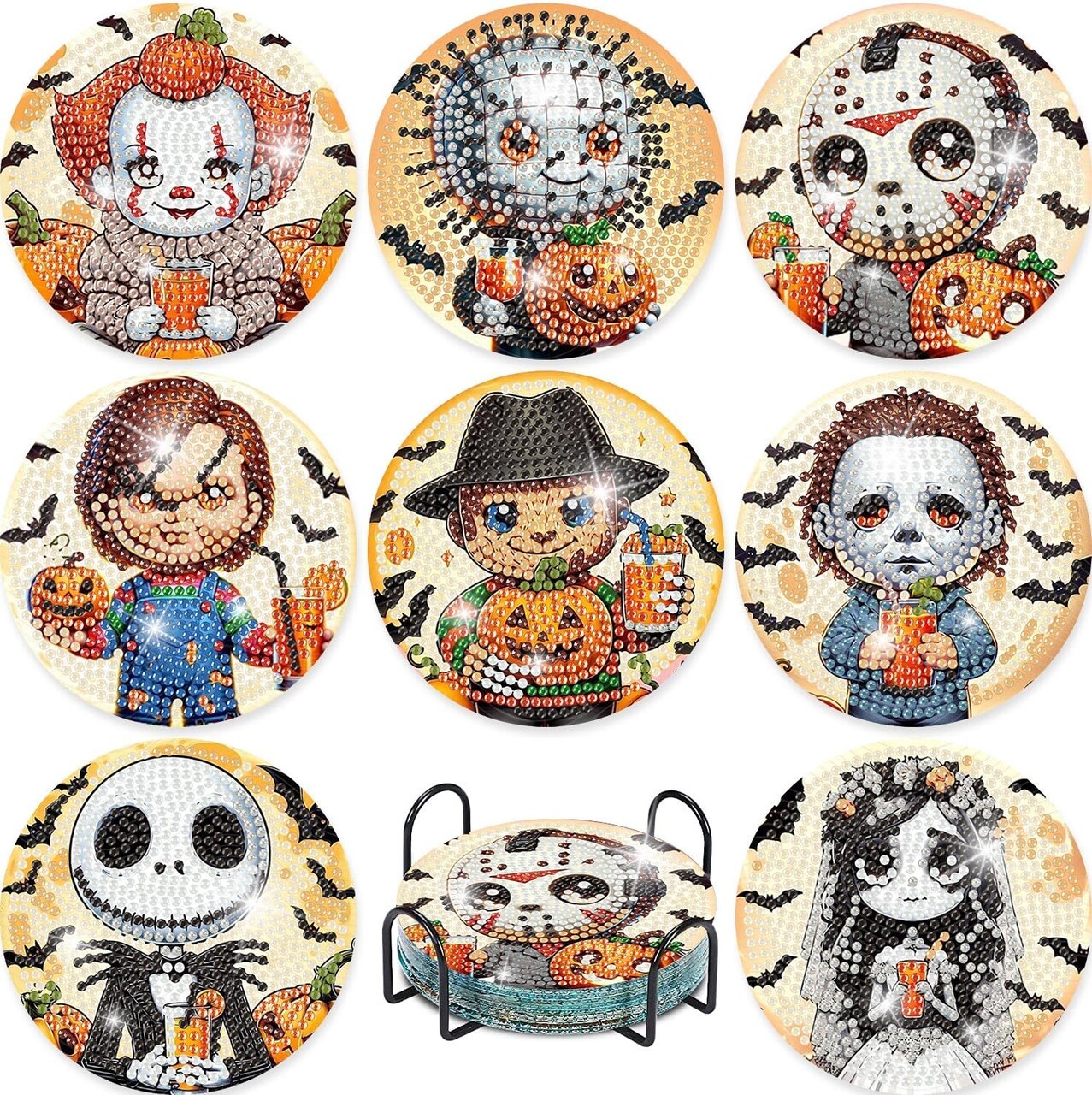 4X4 Inch - 8 Pcs Halloween Diamond Painting Coasters Kits for Adults